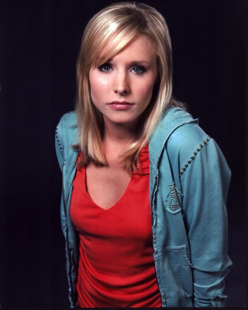 Kristen Bell photo print in blue hoodie and red shirt