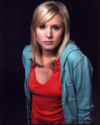 Kristen Bell photo print in blue hoodie and red shirt