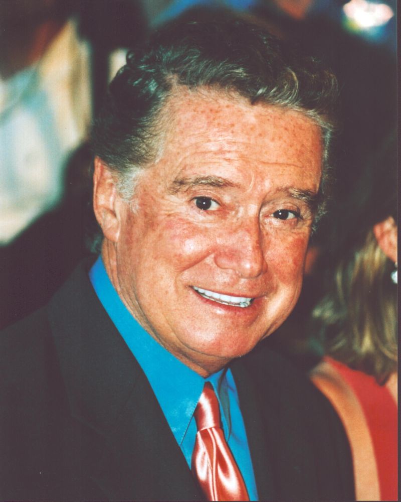 Regis Philbin iconic photo print in aqua shirt with pink tie
