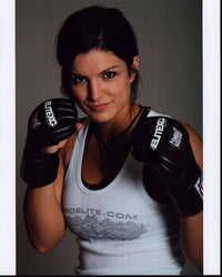 Gina Carano boxing photo print in white tank top and gloves.