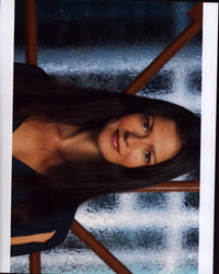 Jill Hennessy close up photo print in blue top, elegant portrait.
