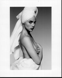 Suki Waterhouse black and white photo print featuring elegant pose in towels.