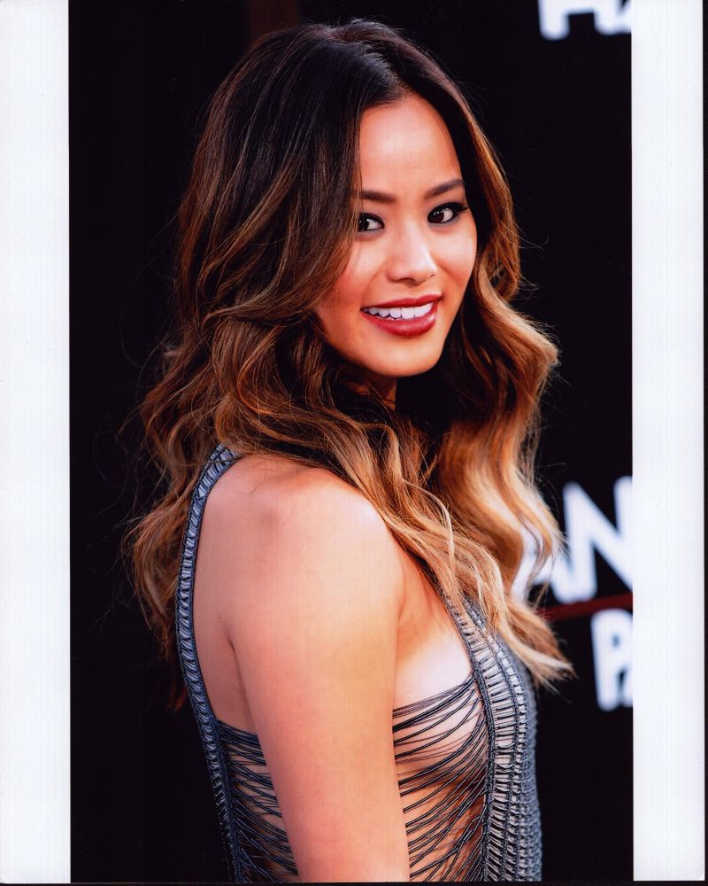Jamie Chung photo print in gray beaded top, stylish wall decor.