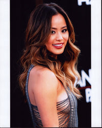 Jamie Chung photo print in gray beaded top, stylish wall decor.