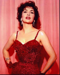 Gina Lollobrigida photo print in red glitter dress with hands on hips.