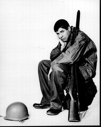 Jerry Lewis Sad Sack black and white photo print featuring him with helmet and gun.