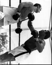 Muhammad Ali hitting Joe Bugner black and white photo print.