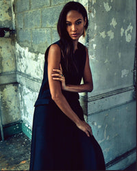Joan Smalls photo print in dark blue dress, fashion photography.