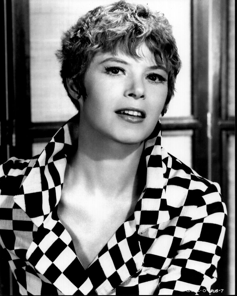 Shani Wallis in stylish checkered jacket black and white photo print