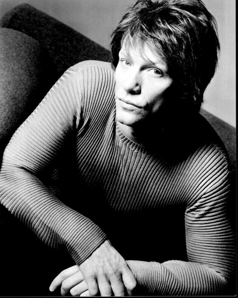 Jon Bon Jovi black and white photo print wearing a ribbed sweater.
