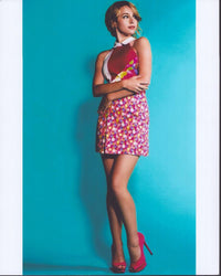 Bridgit Mendler in Pink Floral Skirt Photo Print on Blue Background