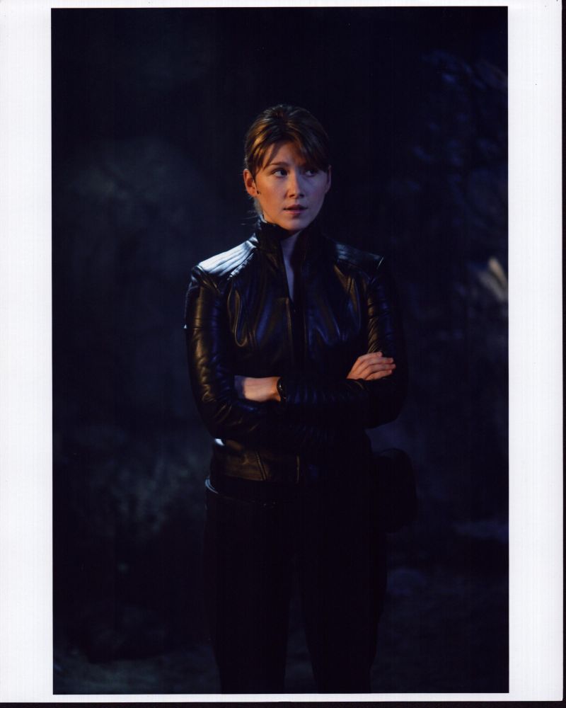 Jewel Staite photo print arms crossed in leather jacket