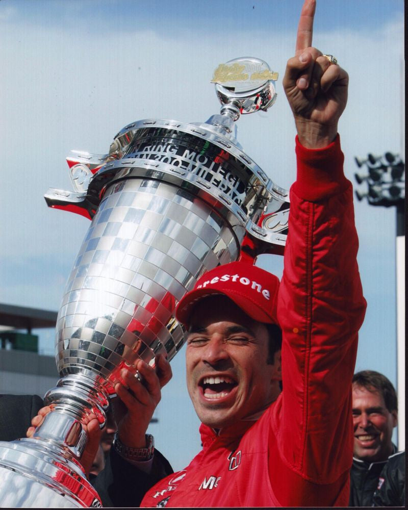 Helio Castroneves Celebrating with Trophy Photo Print