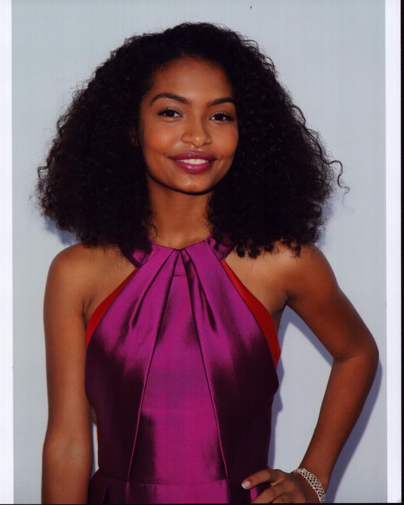 Yara Shahidi photo print in purple silk halter top