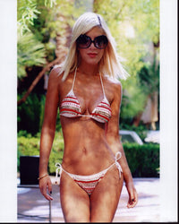 Tori Spelling photo print in white and red bikini, showcasing summer style.
