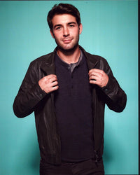 James Wolk photo print wearing a leather jacket against a blue background.