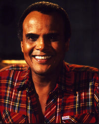 Harry Belafonte photo print in red plaid top, vibrant and iconic.