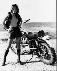 Jocelyn Lane Next to Motorcycle in Hell's Belles Black and White Photo Print