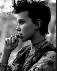 Millie Bobby Brown Black and White Photo Print in Leather Vest