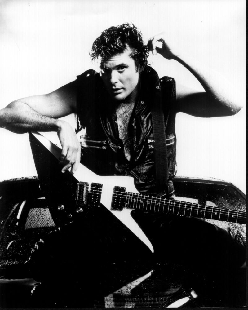 David Hasselhoff black and white photo print with guitar.