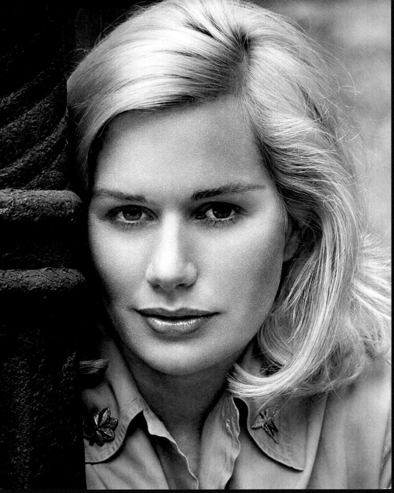 Black and white photo print of Sally Kellerman leaning on a wall.