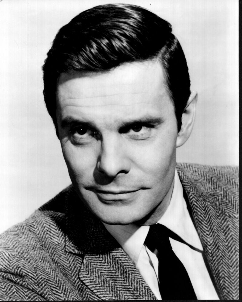 Louis Jourdan headshot in suit black and white photo print.