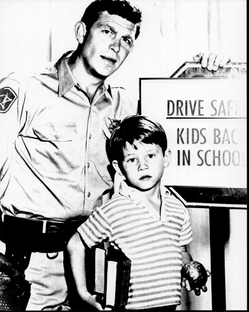 Black and white photo print of Andy Griffith and Ron Howard on the set of The Andy Griffith Show.