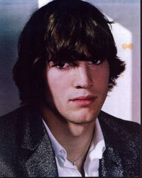Ashton Kutcher close-up photo print in silver blazer.