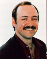 Kevin Spacey photo print featuring mustache and open red shirt.