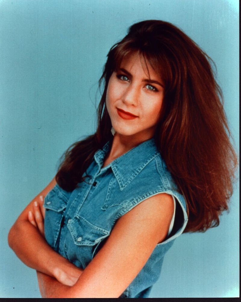 Jennifer Aniston denim vest photo print, showing iconic celebrity style.