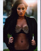 Kiara Belan photo print in studded bra and jacket, available in various sizes.