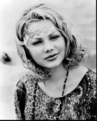 Black and white photo print of Michelle Williams wearing a flower headband