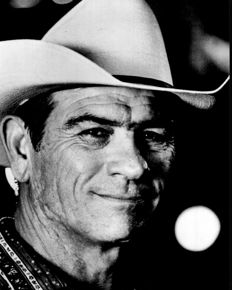 Black and white photo print of Tommy Lee Jones in a cowboy hat