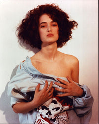 Winona Ryder photo print in backwards denim jacket, stylish art print.