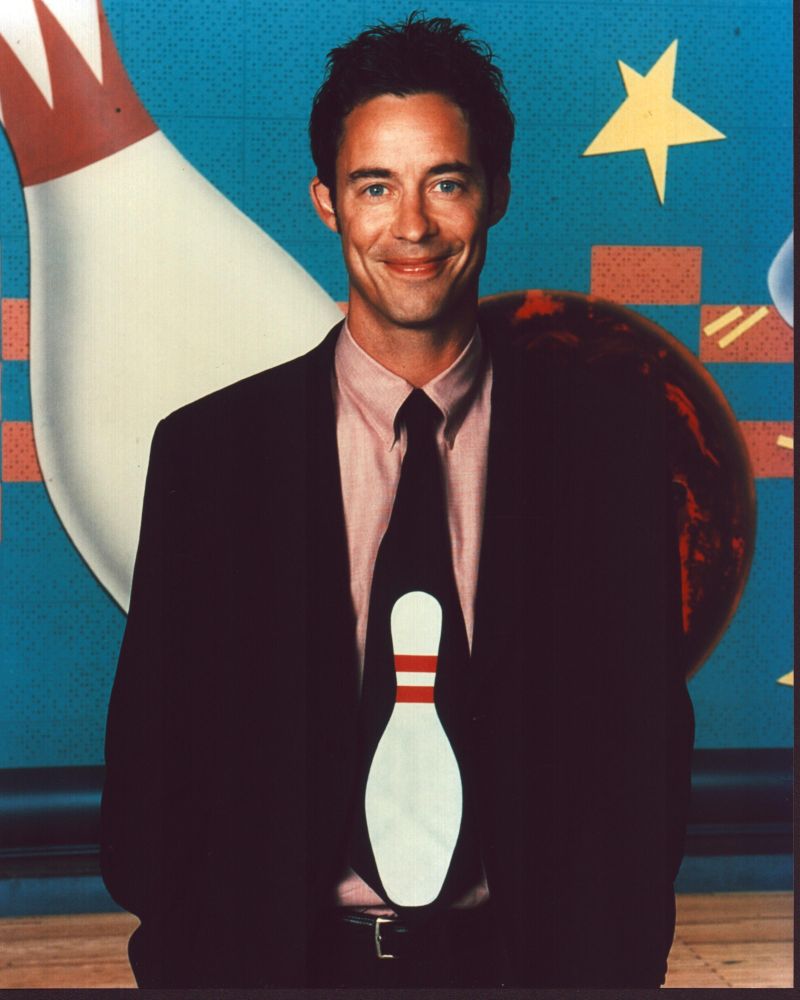 Tom Cavanagh wearing a bowling bin tie photo print