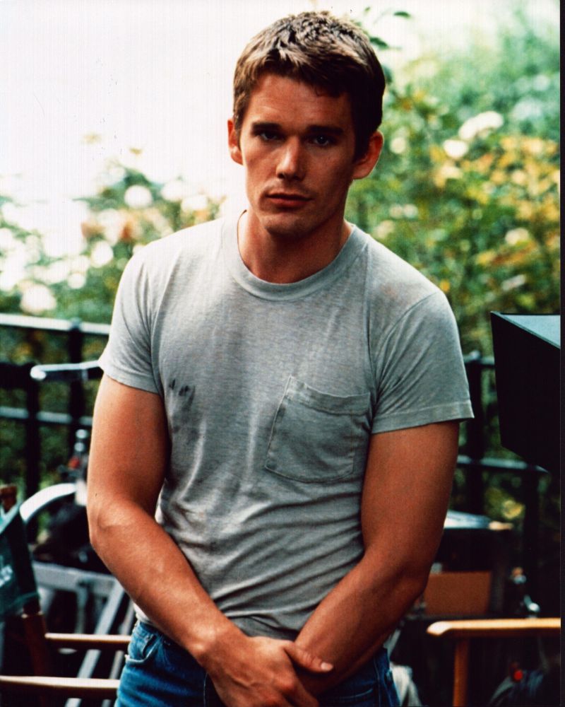 Ethan Hawke photo print in gray shirt and jeans