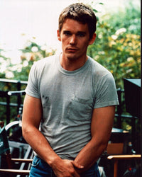 Ethan Hawke photo print in gray shirt and jeans