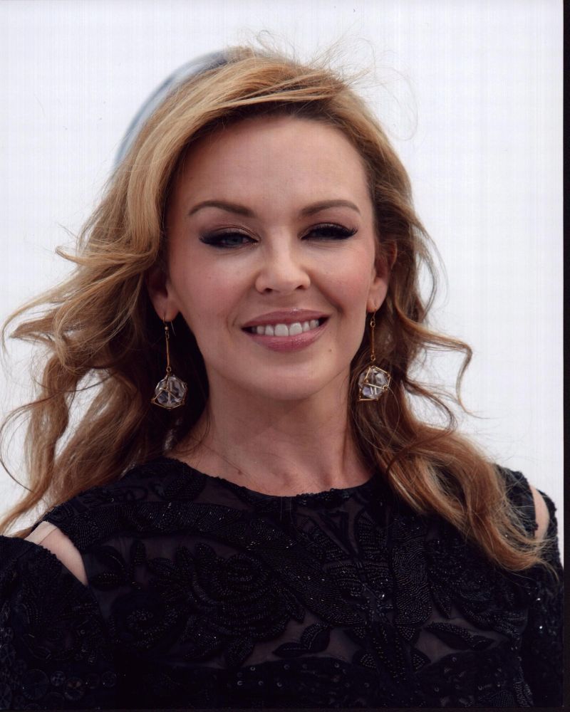 Kylie Minogue close-up photo print in black lace dress.
