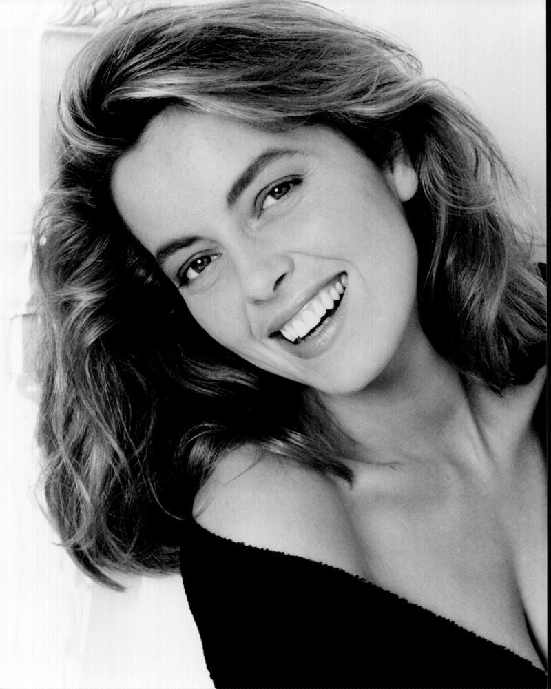 Greta Scacchi smiling in off shoulder dress black and white photo print