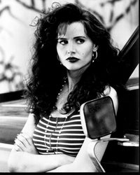 Geena Davis leaning on truck black and white photo print