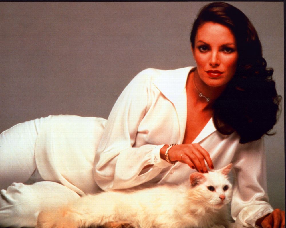 Jaclyn Smith Laying in White with Cat Photo Print featuring a cat.