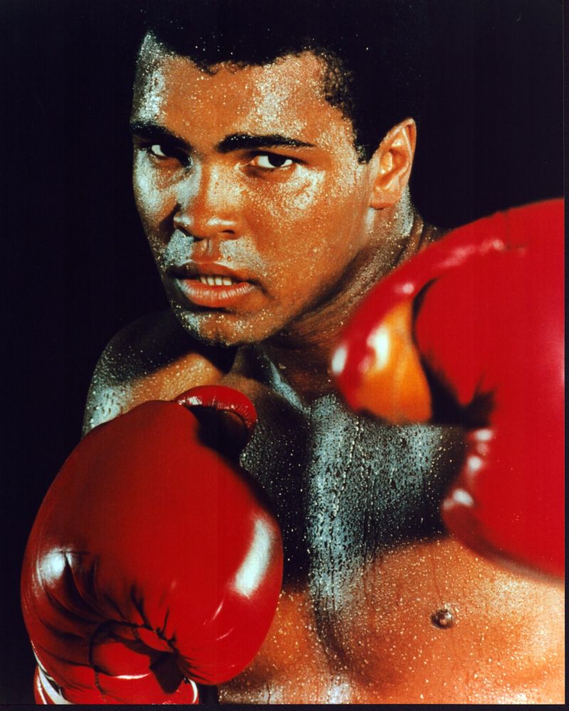 Muhammad Ali Red Boxing Gloves Photo Print showcasing the legendary boxer.