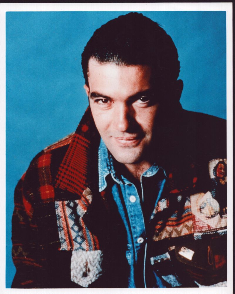 Antonio Banderas in a patchwork sweater photo print.
