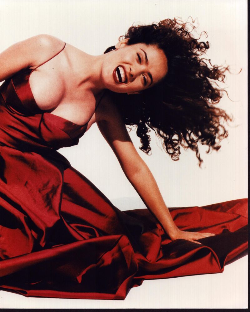 Salma Hayek laughing in a red gown photo print