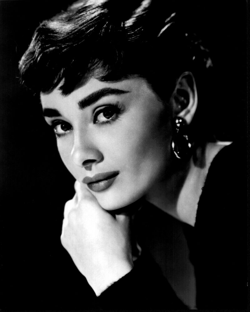 Audrey Hepburn headshot black and white photo print, classic Hollywood decor.