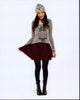 Bethany Mota in a stylish red skirt and gray sweater photo print.
