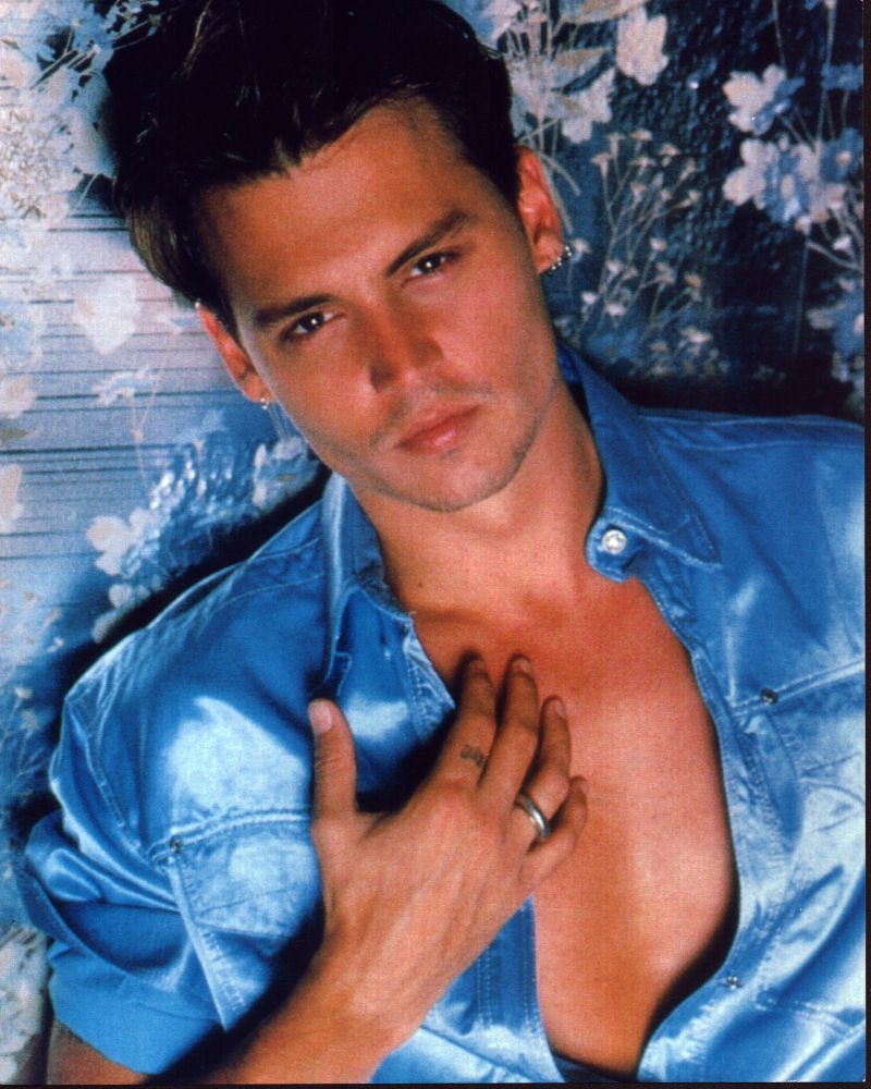 Johnny Depp in unbuttoned blue silk shirt photo print.