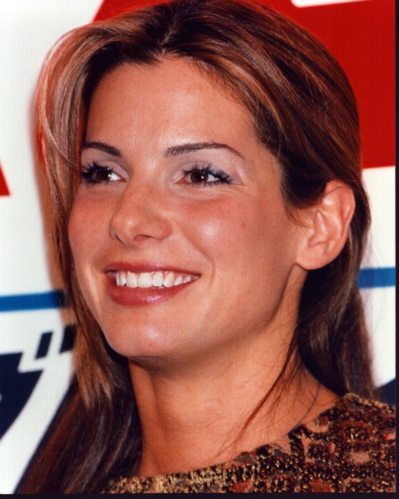 Sandra Bullock close-up photo print in brown patterned top