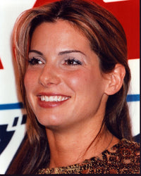 Sandra Bullock close-up photo print in brown patterned top