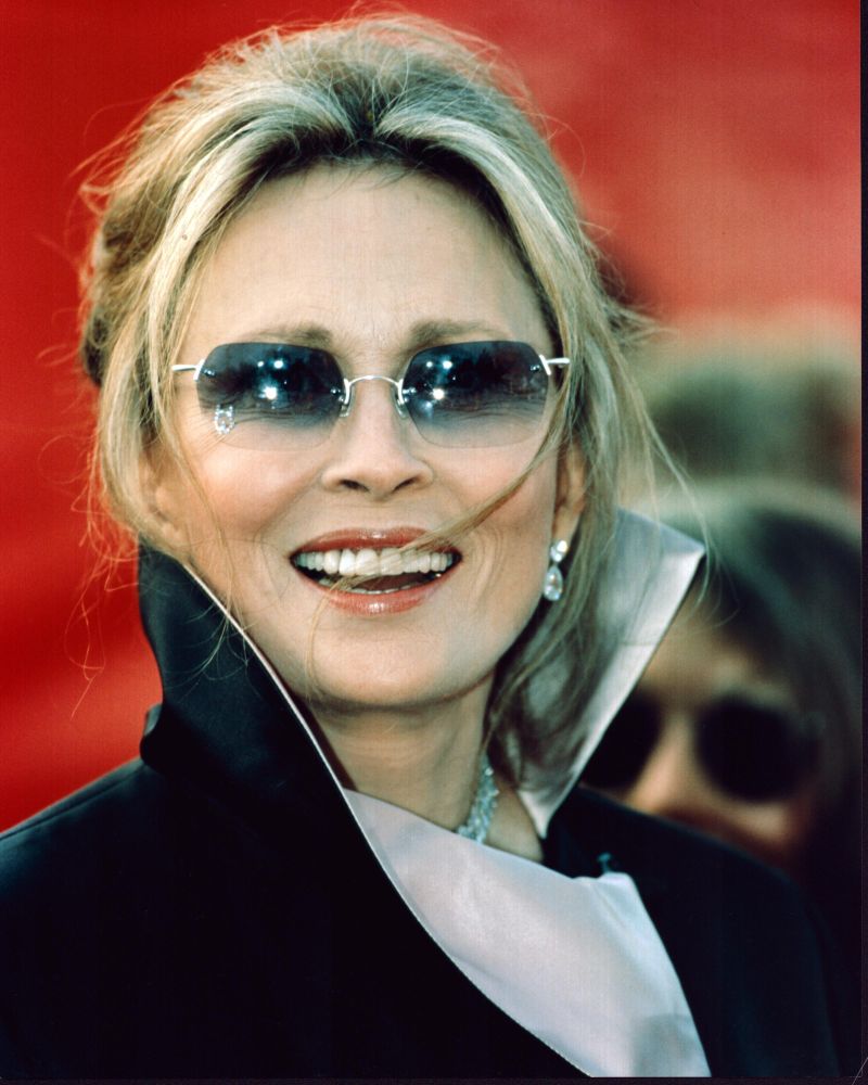 Faye Dunaway smiling in jacket and sunglasses photo print